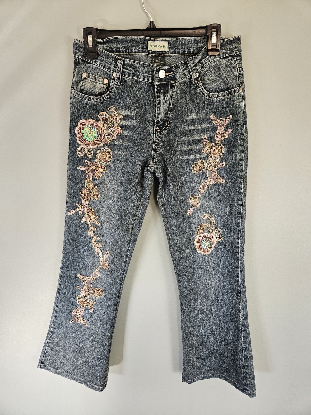 VTG Y2K Side Street Sequined Floral Embroidered Flared Jeans - Festival McBling